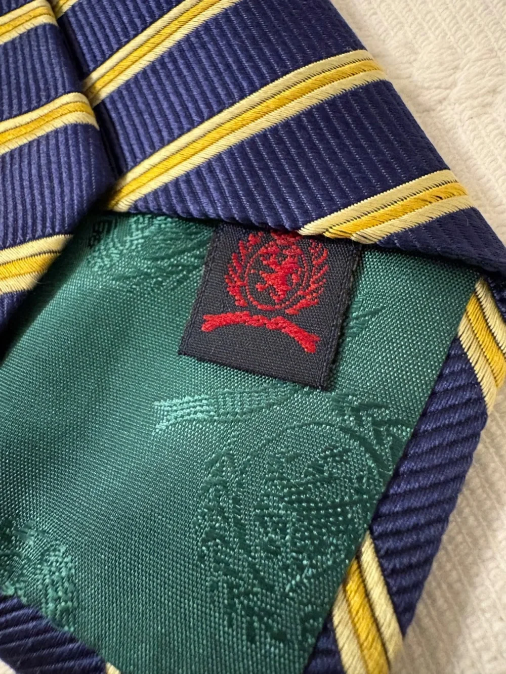 Vintage Tommy Hilfiger Red, Navy Blue & Gold Striped Silk Tie – Made in USA